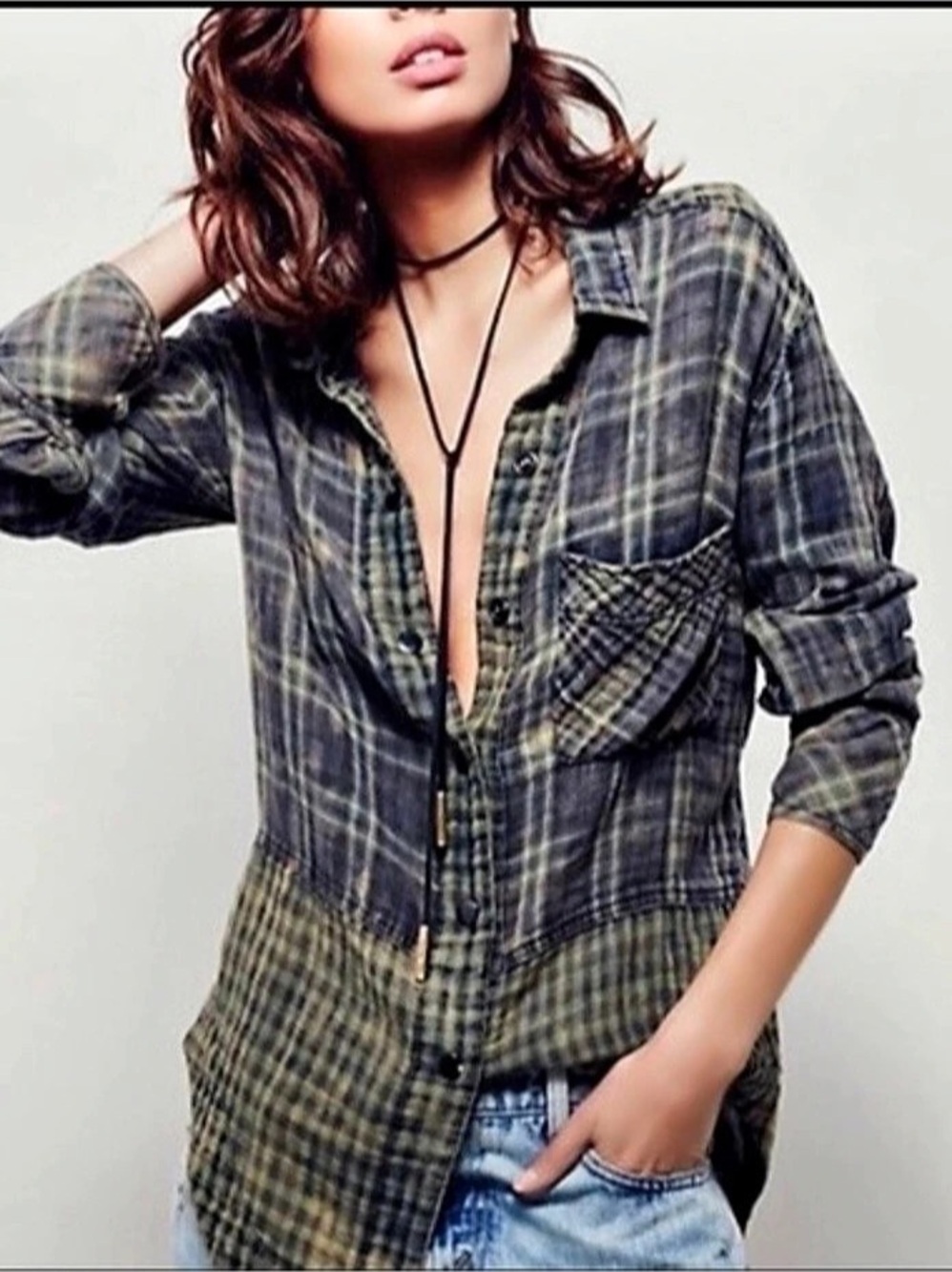 Free People intentionally DISTRESSED  Gauze plaid Plaid Long Sleeve Button Down